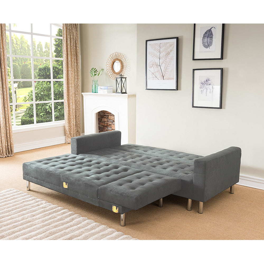 Faux Velvet Corner Wooden Sofa Bed Couch with Chaise - Grey-Furniture > Sofas > Sofas & Sofa Beds-Nomica Living