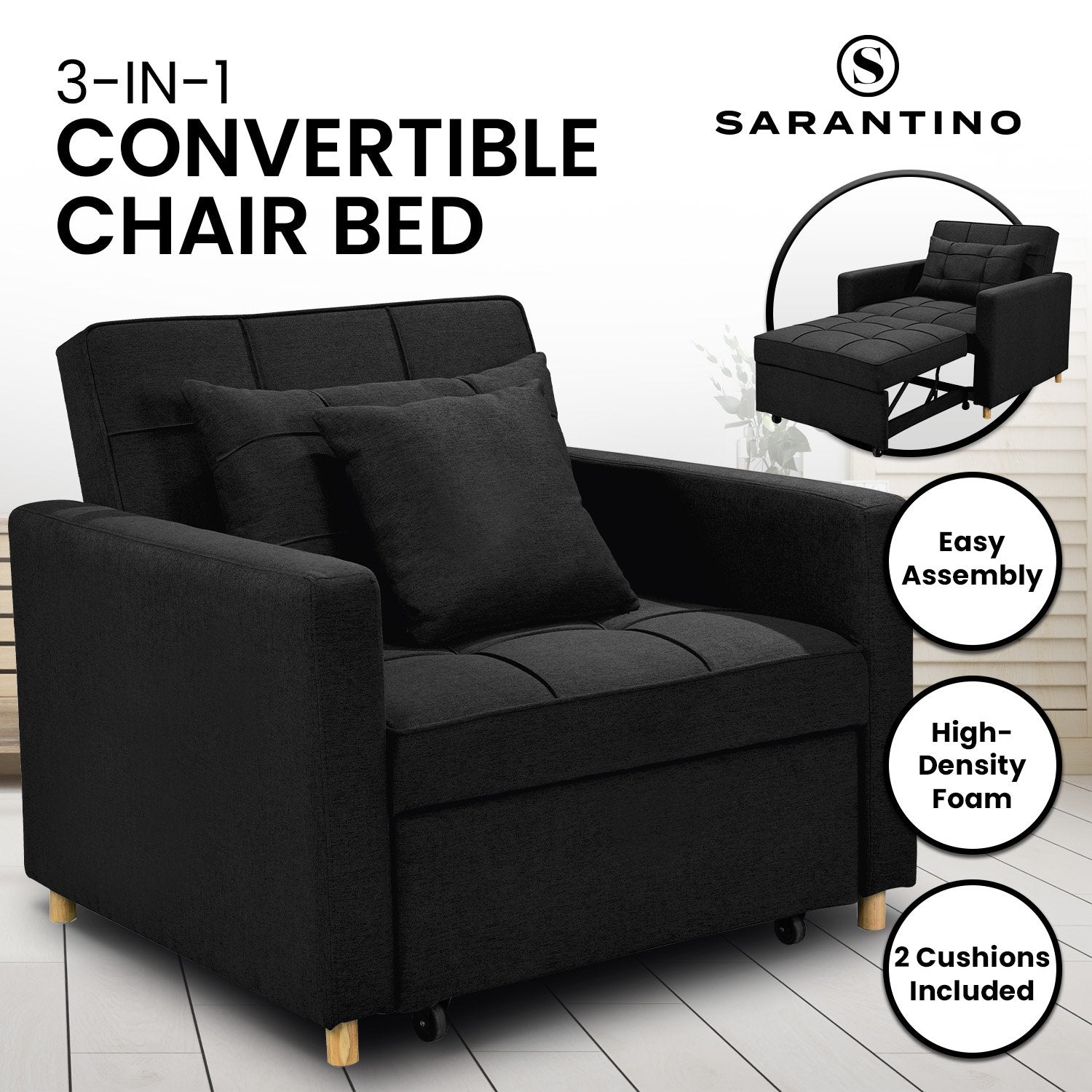 Suri 3-in-1 Convertible Lounge Chair Bed - Black-Furniture > Sofas > Sofas & Sofa Beds-Nomica Living
