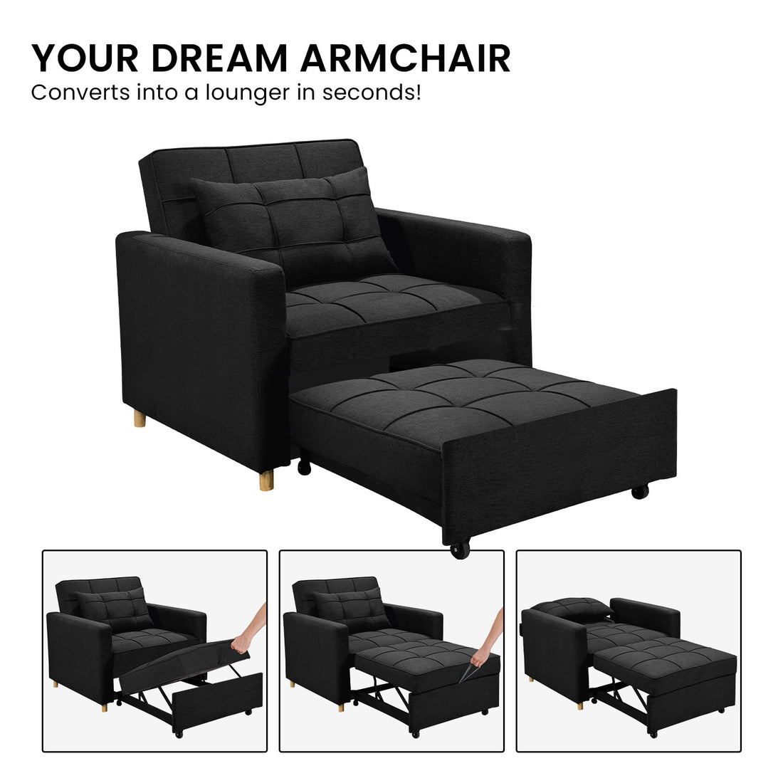 Suri 3-in-1 Convertible Lounge Chair Bed - Black-Furniture > Sofas > Sofas & Sofa Beds-Nomica Living