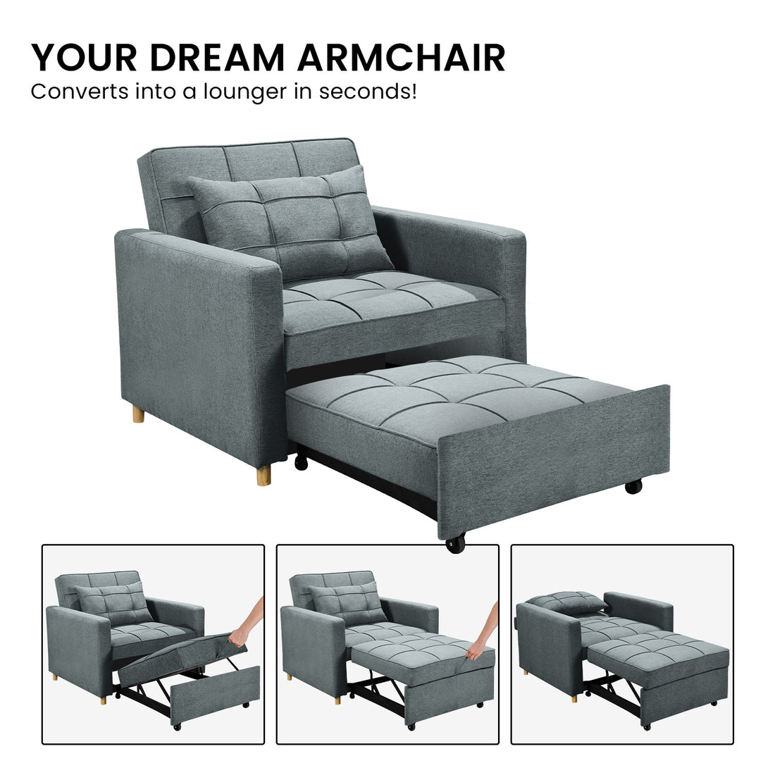 Suri 3-in-1 Convertible Sofa Chair Bed - Airforce Blue-Furniture > Sofas > Sofas & Sofa Beds-Nomica Living