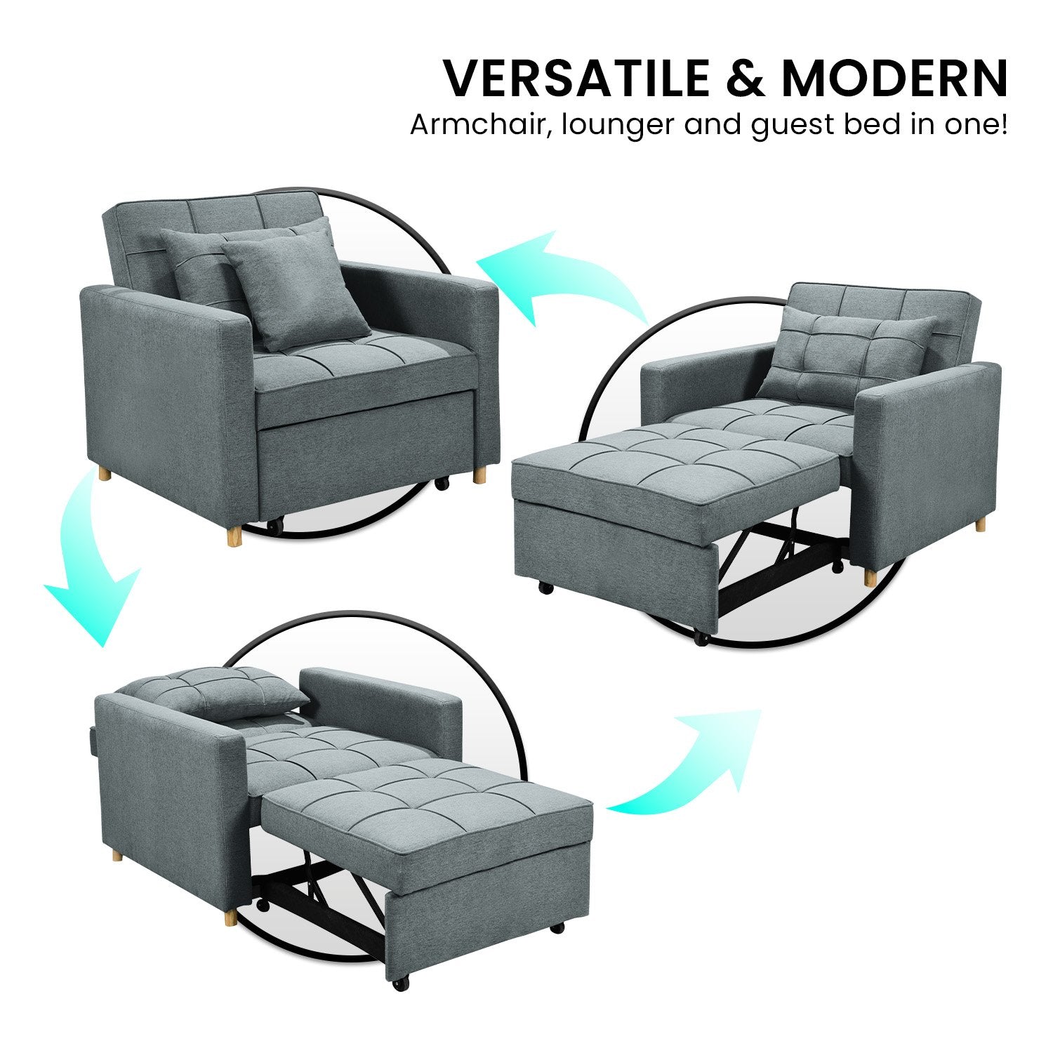 Suri 3-in-1 Convertible Sofa Chair Bed - Airforce Blue-Furniture > Sofas > Sofas & Sofa Beds-Nomica Living