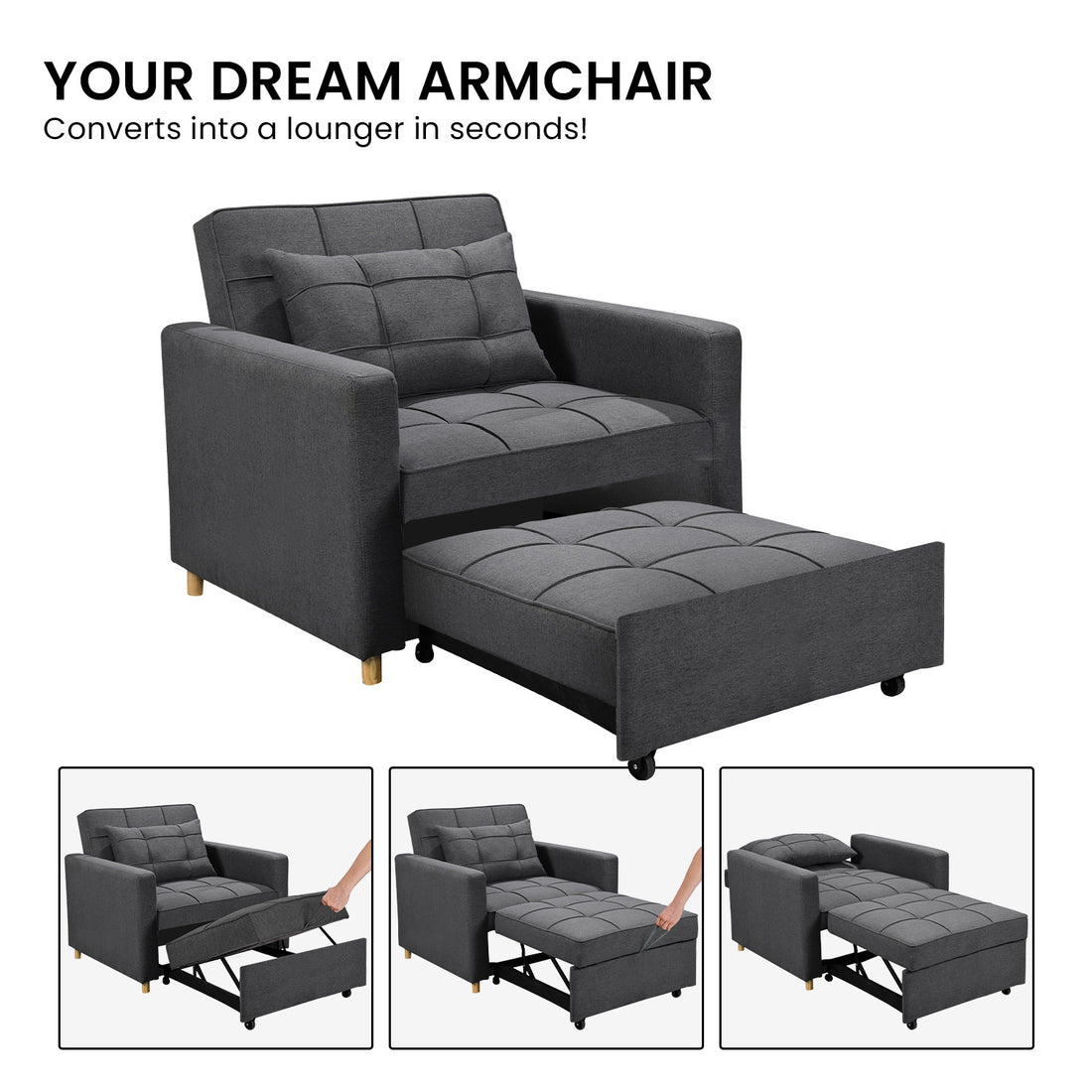 Suri 3-in-1 Convertible Lounge Chair Bed - Dark Grey-Furniture > Sofas > Sofas & Sofa Beds-Nomica Living