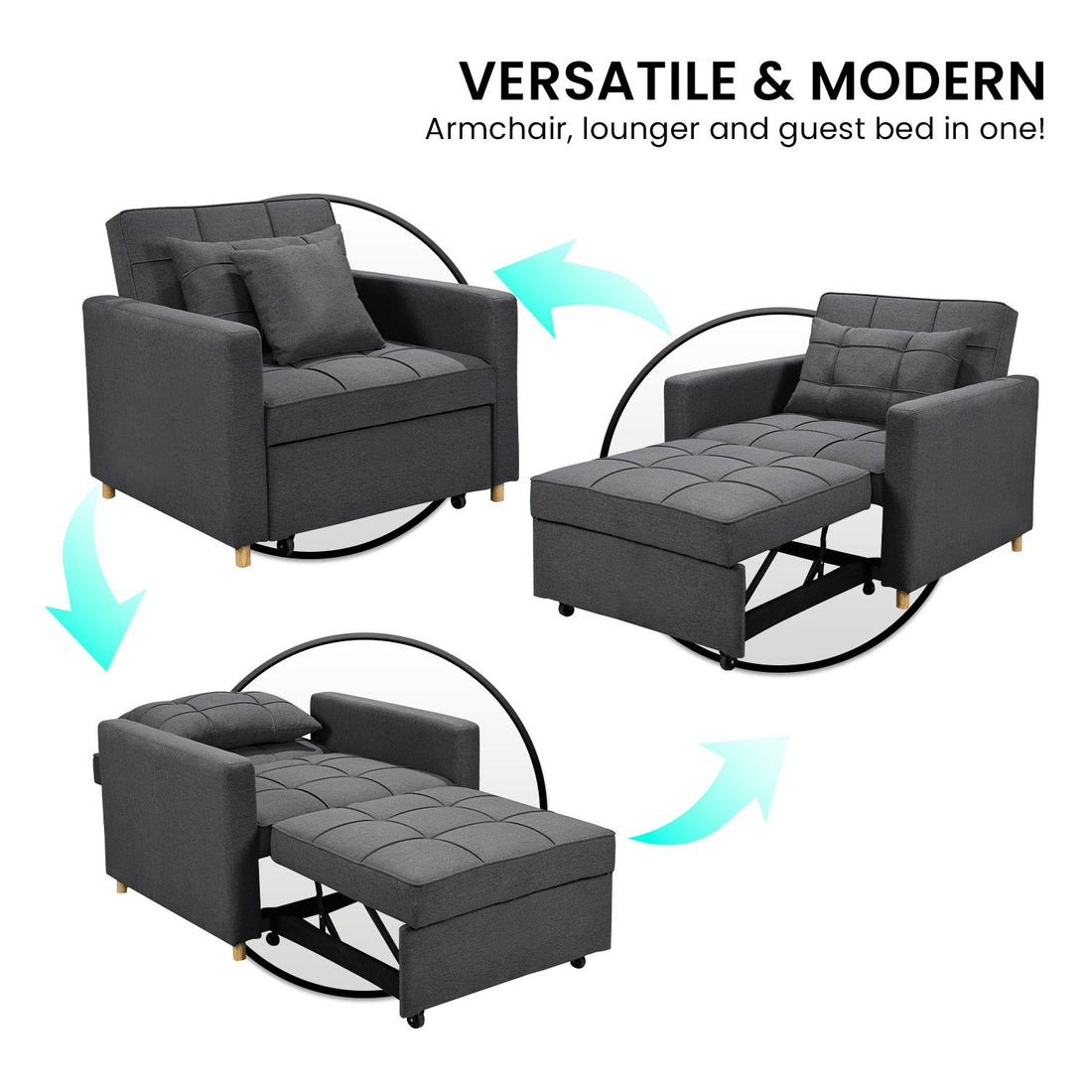 Suri 3-in-1 Convertible Lounge Chair Bed - Dark Grey-Furniture > Sofas > Sofas & Sofa Beds-Nomica Living