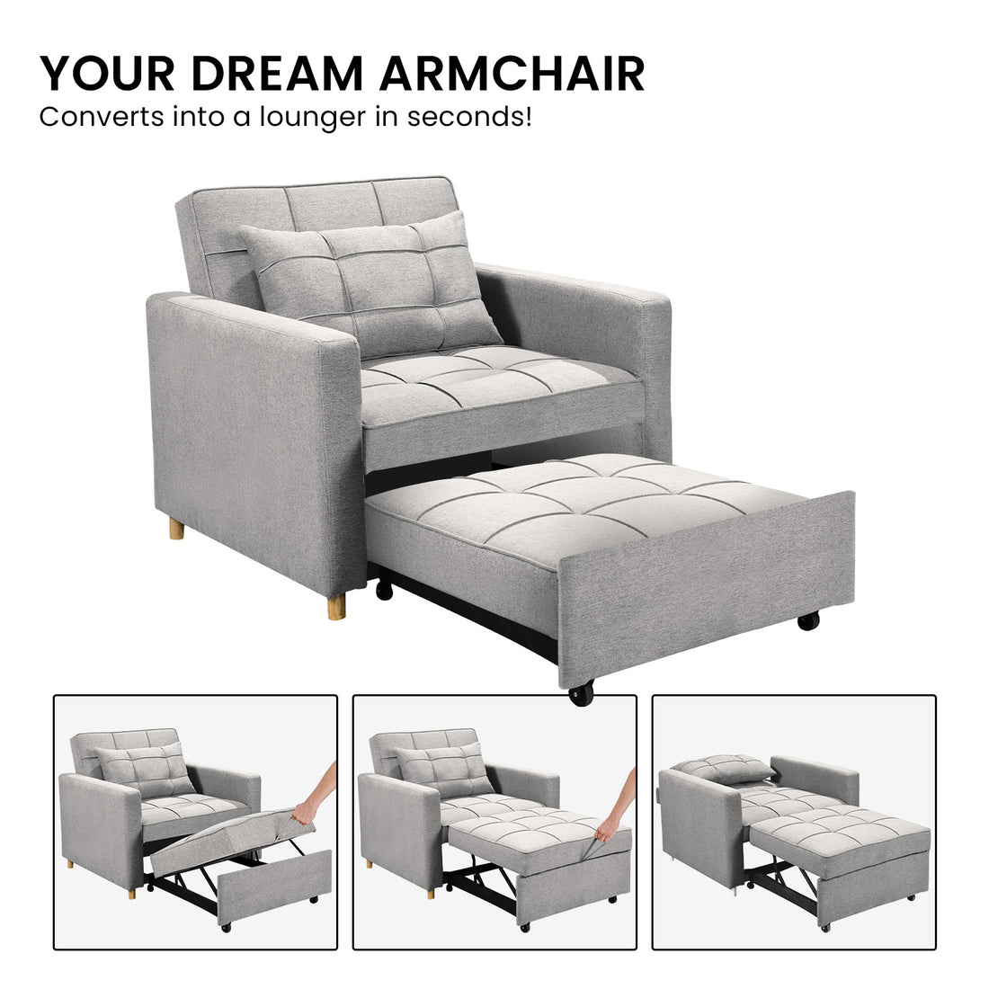 Suri 3-in-1 Convertible Sofa Chair Bed Lounger - Light Grey-Furniture > Sofas > Sofas & Sofa Beds-Nomica Living