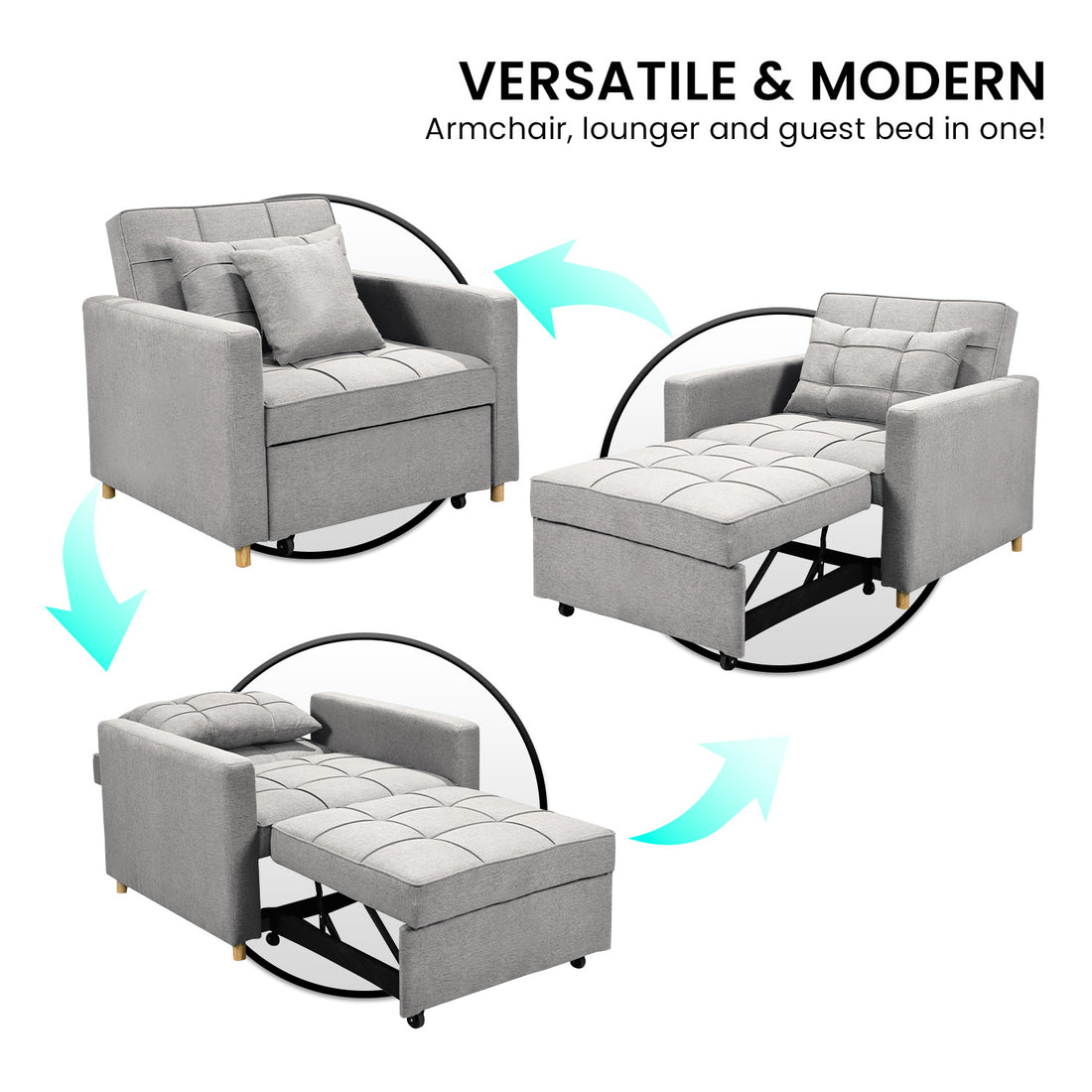 Suri 3-in-1 Convertible Sofa Chair Bed Lounger - Light Grey-Furniture > Sofas > Sofas & Sofa Beds-Nomica Living