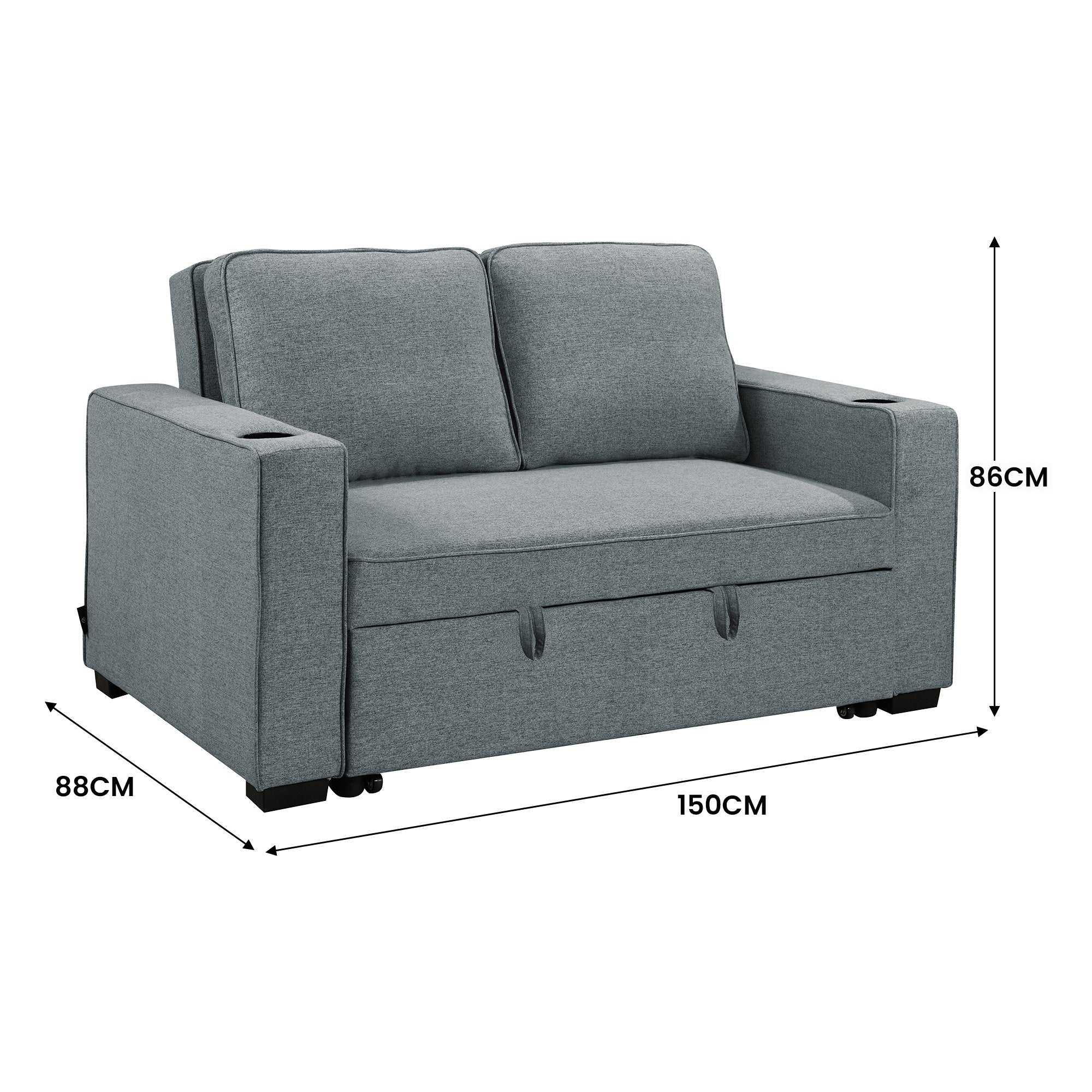 Hoffman 2-Seater Linen Sofa Bed With Cushions & Cup Holders - Dark Grey-Furniture > Sofas > Sofas & Sofa Beds-Nomica Living