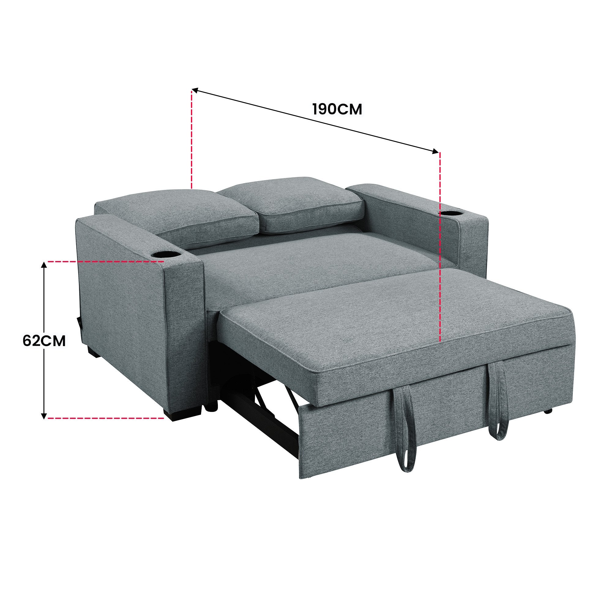Hoffman 2-Seater Linen Sofa Bed With Cushions & Cup Holders - Dark Grey-Furniture > Sofas > Sofas & Sofa Beds-Nomica Living