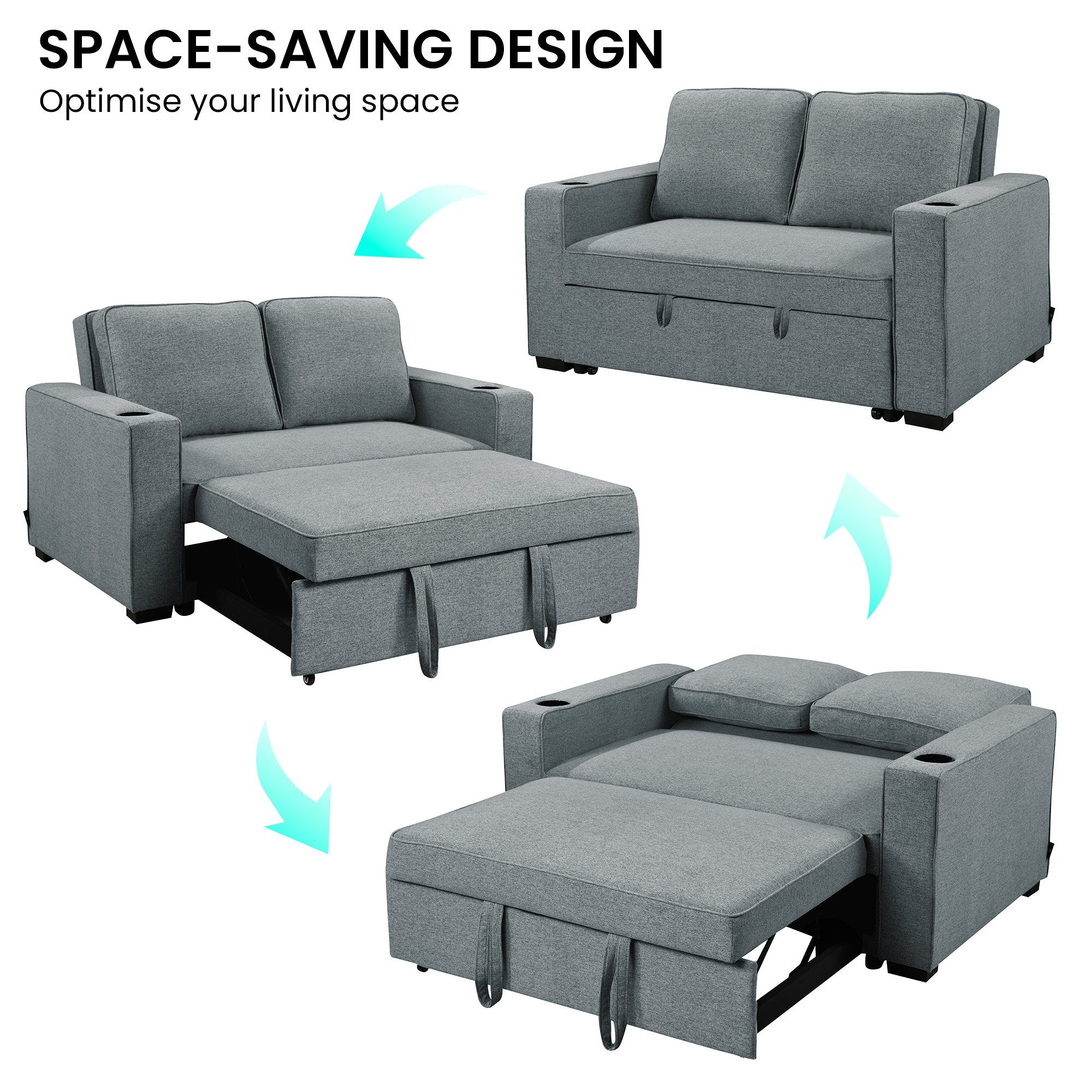 Hoffman 2-Seater Linen Sofa Bed With Cushions & Cup Holders - Dark Grey-Furniture > Sofas > Sofas & Sofa Beds-Nomica Living
