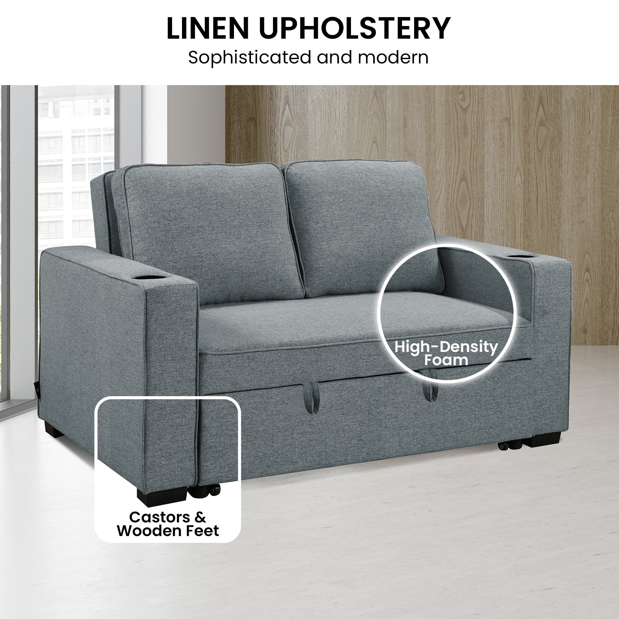 Hoffman 2-Seater Linen Sofa Bed With Cushions & Cup Holders - Dark Grey-Furniture > Sofas > Sofas & Sofa Beds-Nomica Living