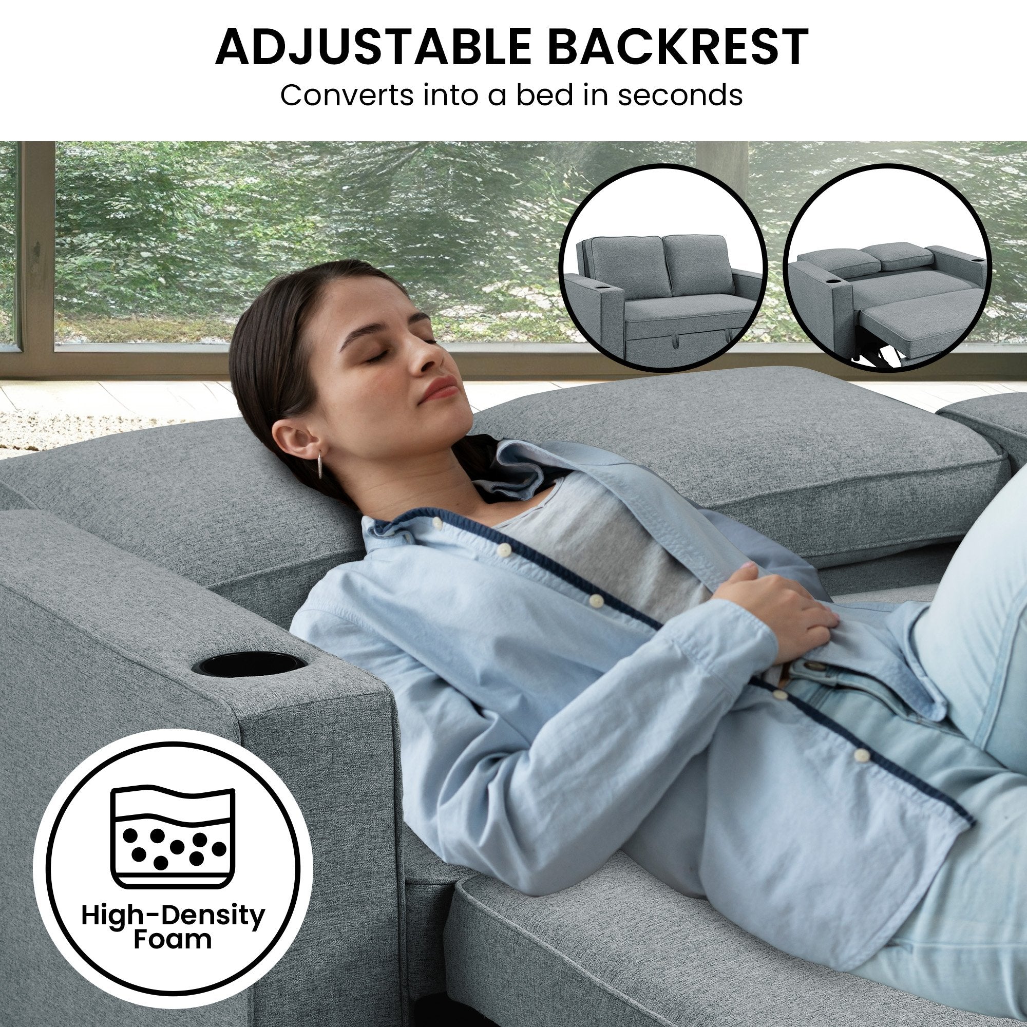 Hoffman 2-Seater Linen Sofa Bed With Cushions & Cup Holders - Dark Grey-Furniture > Sofas > Sofas & Sofa Beds-Nomica Living