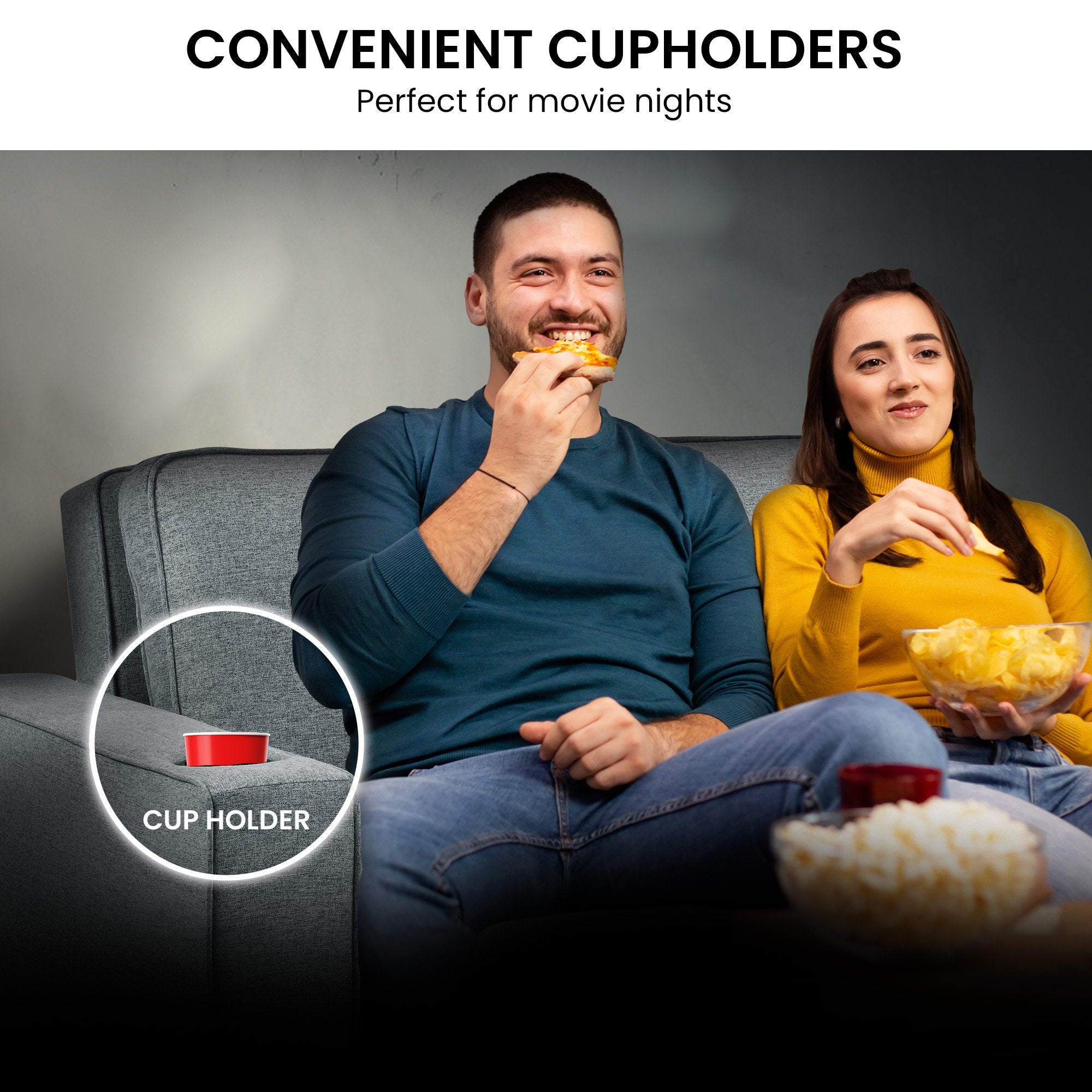 Hoffman 2-Seater Linen Sofa Bed With Cushions & Cup Holders - Dark Grey-Furniture > Sofas > Sofas & Sofa Beds-Nomica Living