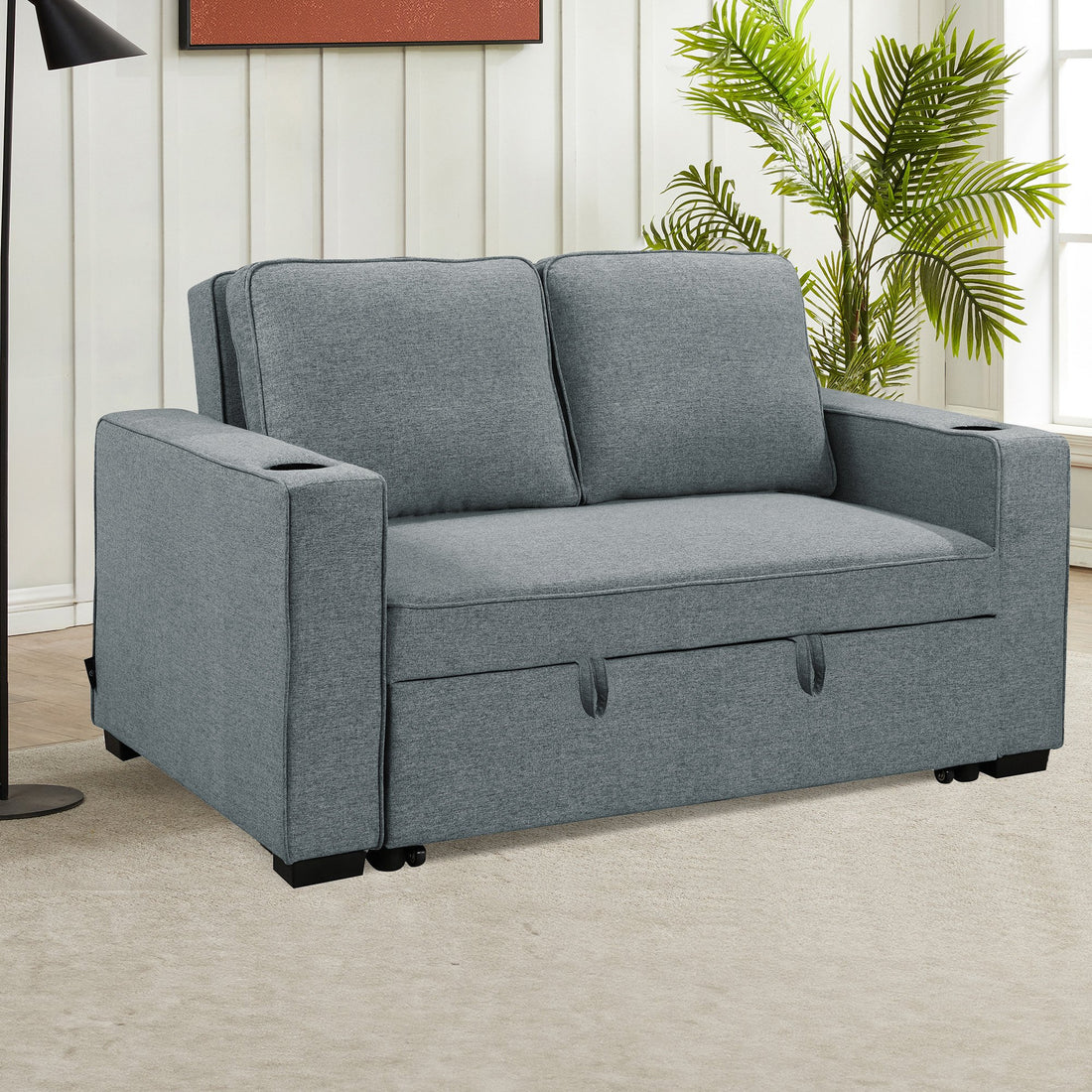 Hoffman 2-Seater Linen Sofa Bed With Cushions & Cup Holders - Dark Grey-Furniture > Sofas > Sofas & Sofa Beds-Nomica Living