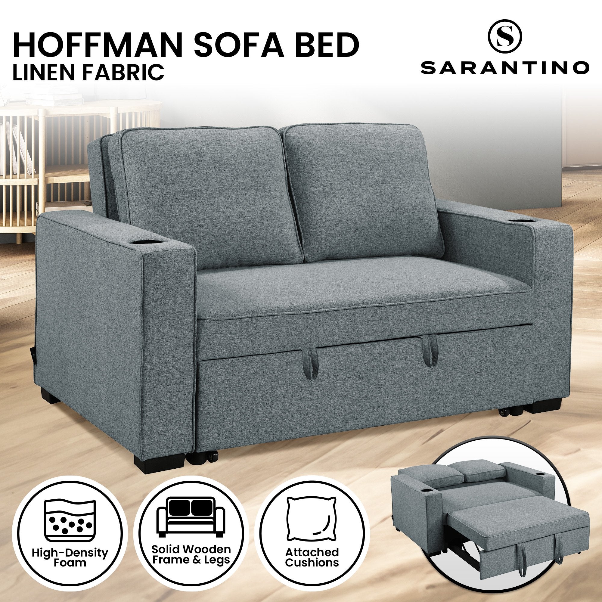 Hoffman 2-Seater Linen Sofa Bed With Cushions & Cup Holders - Dark Grey-Furniture > Sofas > Sofas & Sofa Beds-Nomica Living