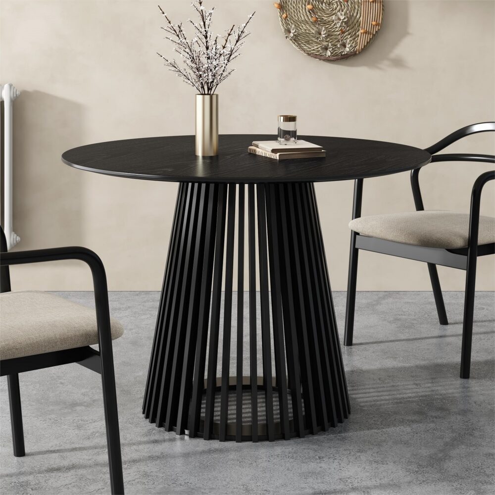 Sleek Silhouette Black Dining Table - 110cm Slatted Japandi Design