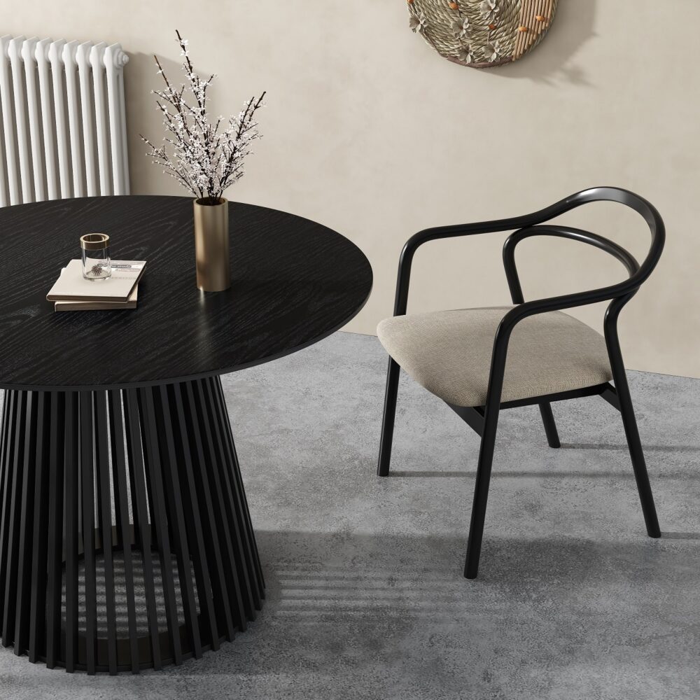 Sleek Silhouette Black Dining Table - 110cm Slatted Japandi Design