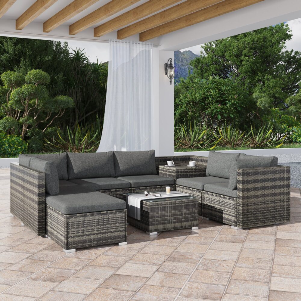 9-Piece Grey Modular Outdoor Ottoman Lounge Set