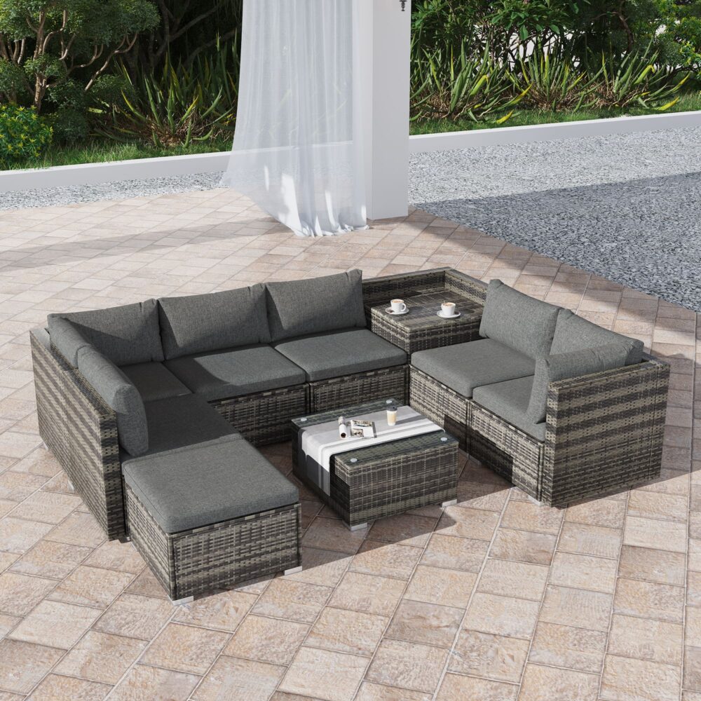 9-Piece Grey Modular Outdoor Ottoman Lounge Set