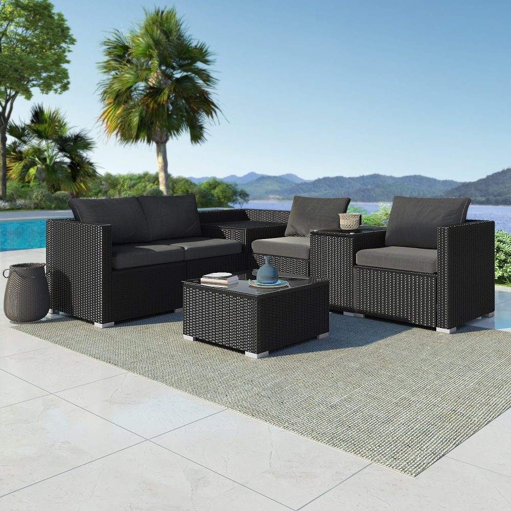 7-Piece Black Outdoor Wicker Loveseat Setting