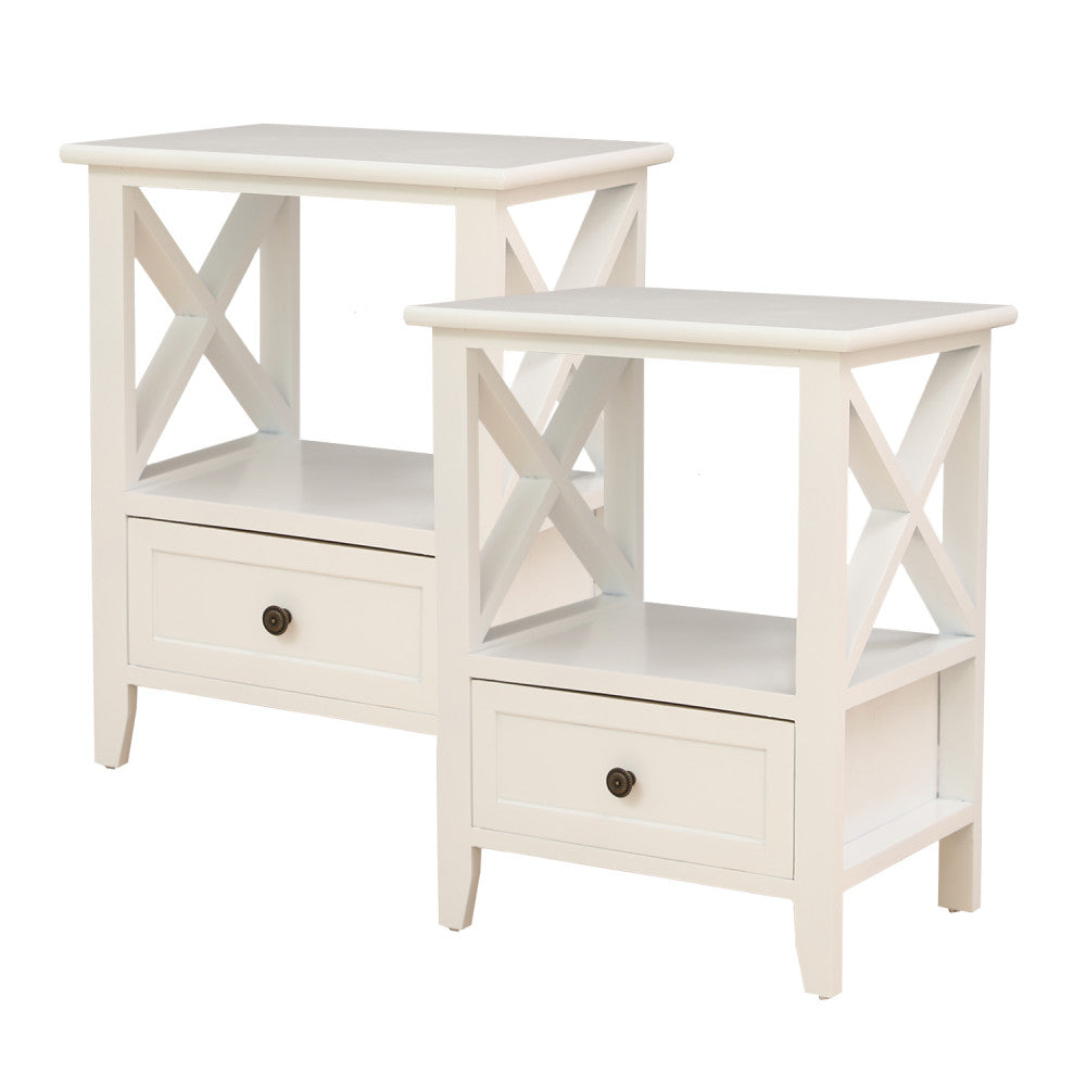 Rustic White 2-Tier Bedside Table with Drawer (Set of 2)