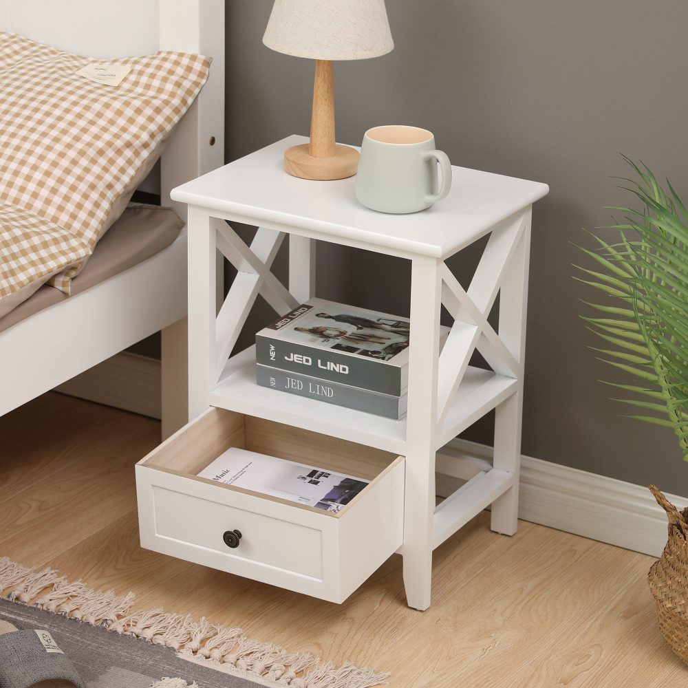 Rustic White 2-Tier Bedside Table with Drawer (Set of 2)