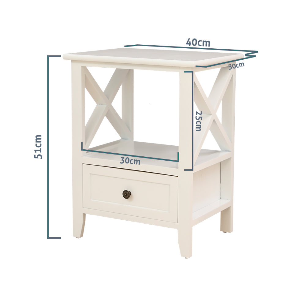 Rustic White 2-Tier Bedside Table with Drawer (Set of 2)