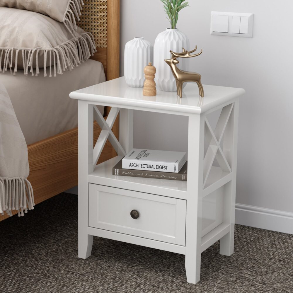 Rustic White 2-Tier Bedside Table with Drawer (Set of 2)