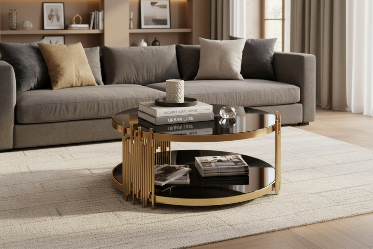 Modern living room with a gray sofa and round glass coffee table.