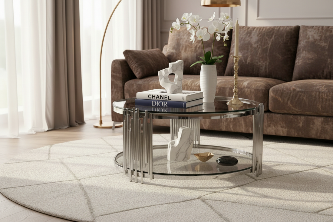 Modern living room with a glass coffee table, books, and decorative items.