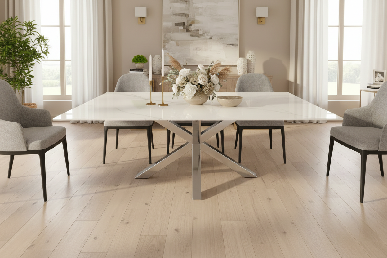 Modern dining table with a white marble top and chrome base on a white background