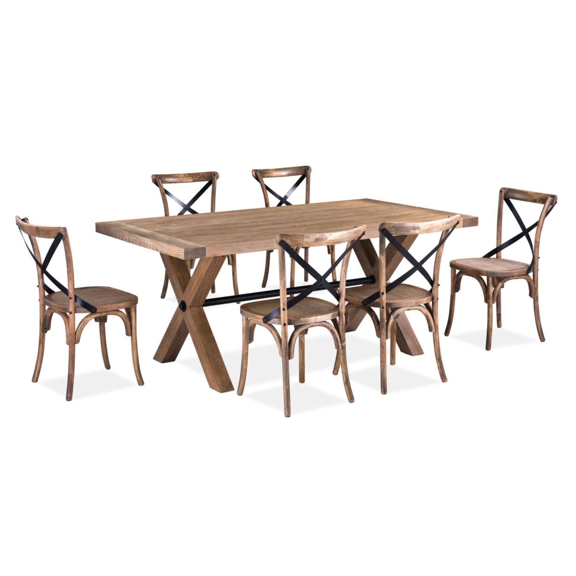 7-Piece Dining Set with 190cm Timber Wood Table and 6 X-Back Chairs