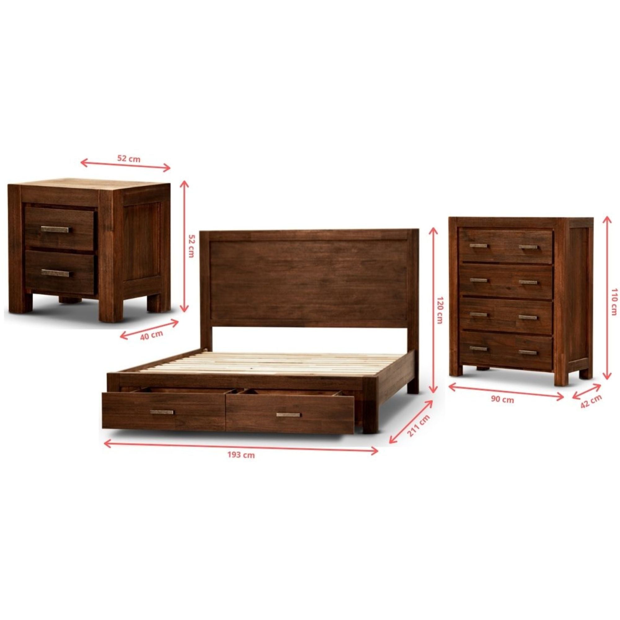 4-Piece King Bed Frame Suite with Bedside Table and Tallboy in Walnut