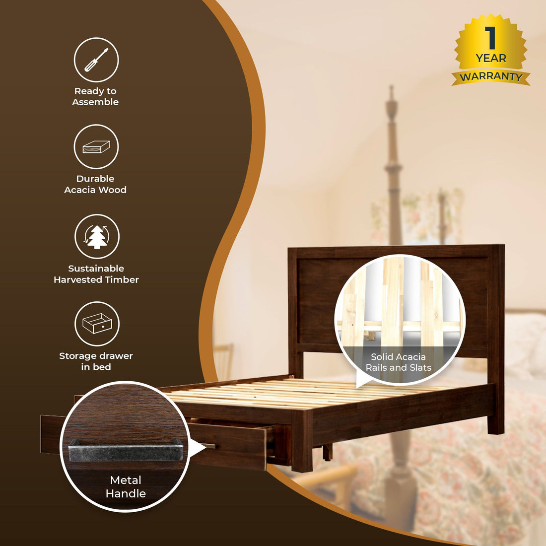 4-Piece King Bed Frame Suite with Bedside Table and Tallboy in Walnut
