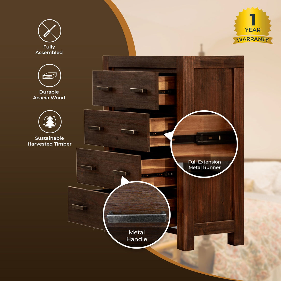 4-Piece King Bed Frame Suite with Bedside Table and Tallboy in Walnut