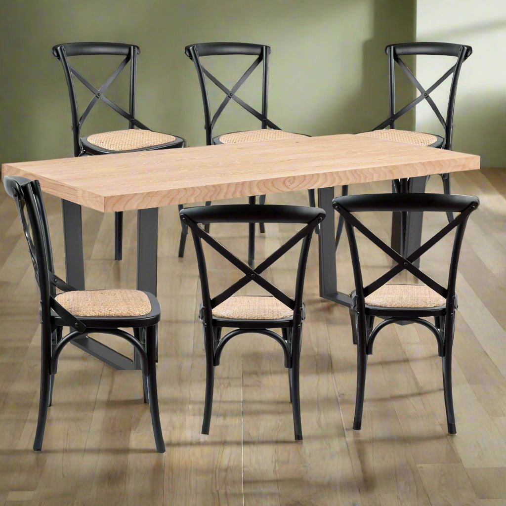 7-Piece Dining Table Set with 6 Cross Back Chairs in Elm Timber and Metal Legs
