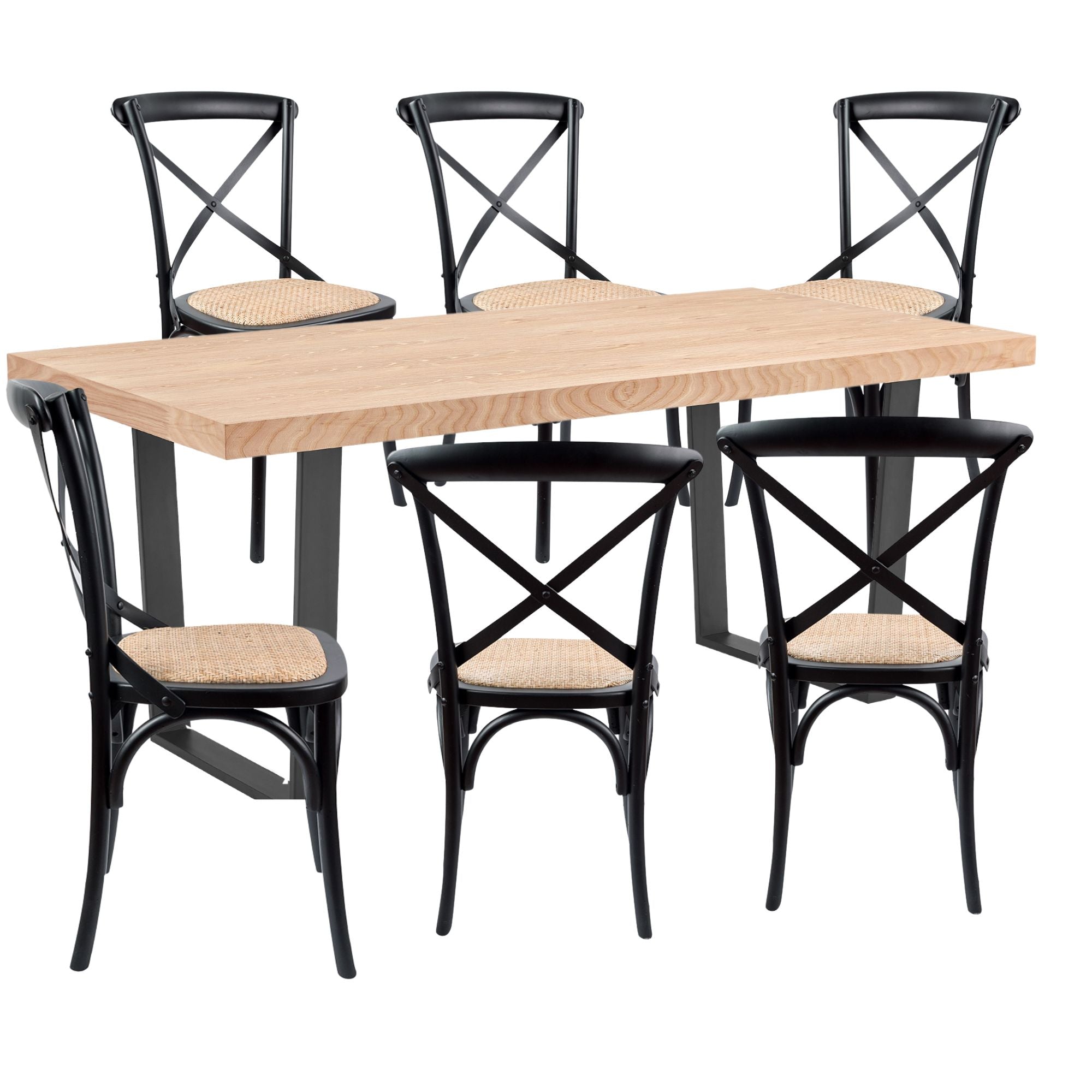 7-Piece Dining Table Set with 6 Cross Back Chairs in Elm Timber and Metal Legs