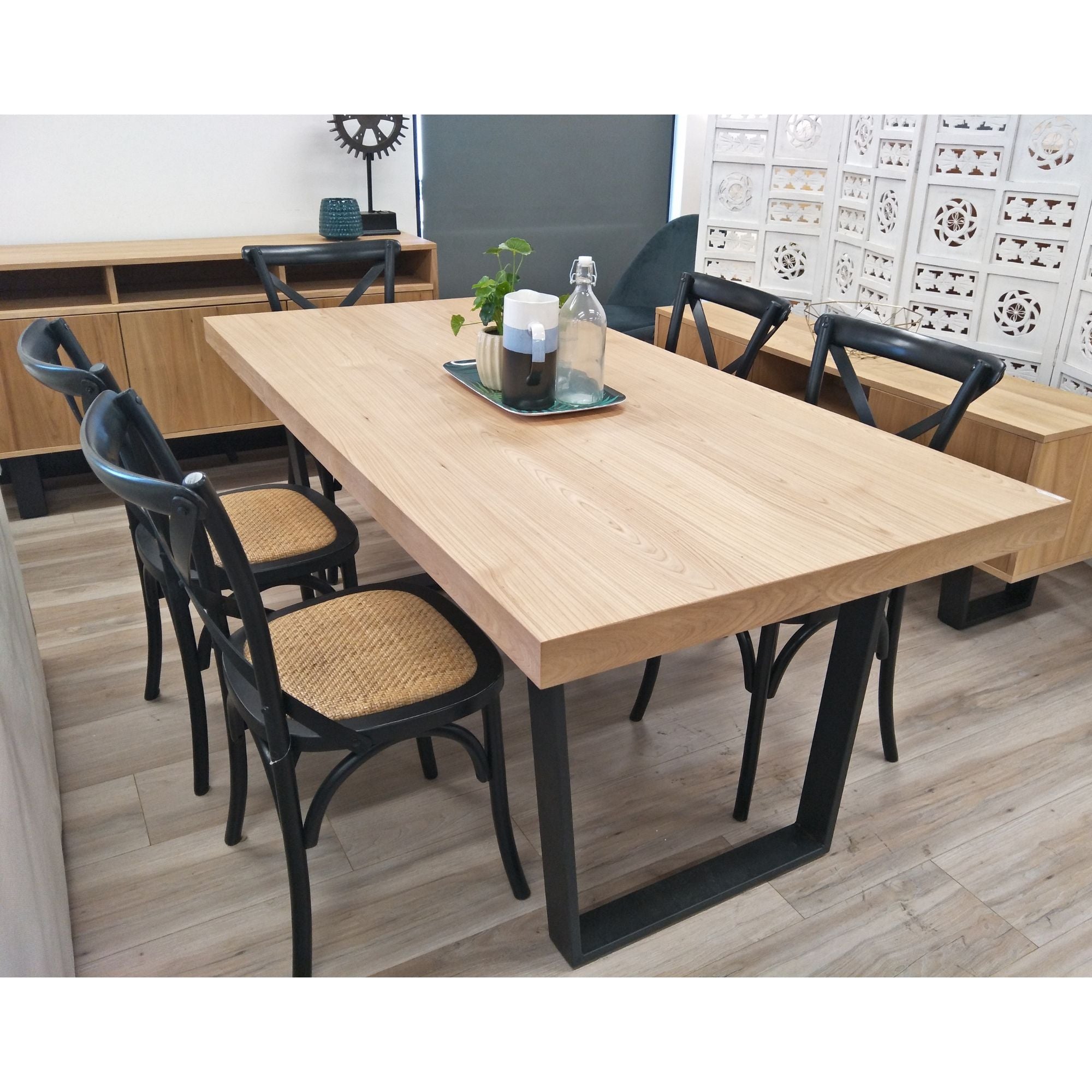 7-Piece Dining Table Set with 6 Cross Back Chairs in Elm Timber and Metal Legs