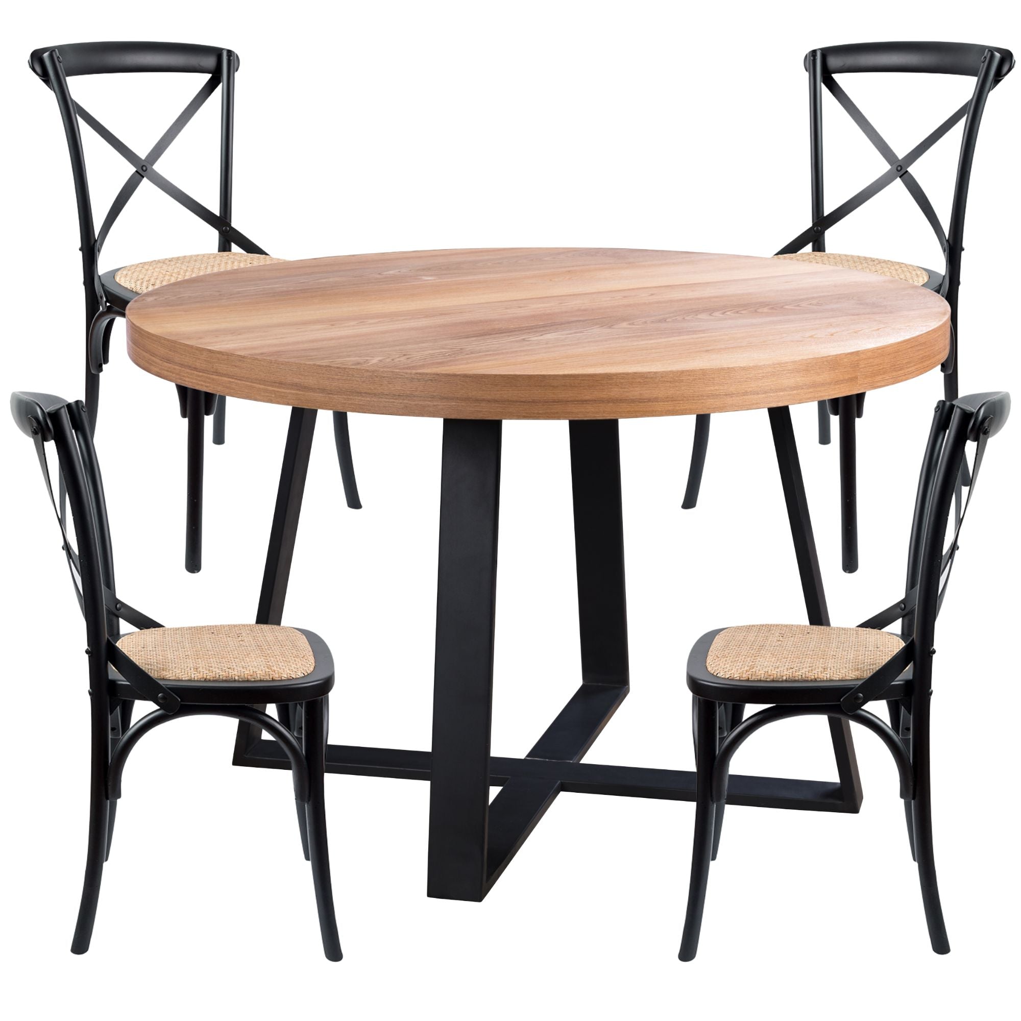 5-Piece Round Dining Table Set with 4 Cross Back Chairs in Elm Timber