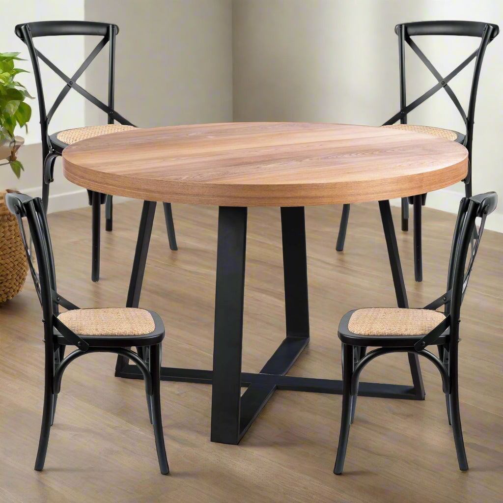 5-Piece Round Dining Table Set with 4 Cross Back Chairs in Elm Timber
