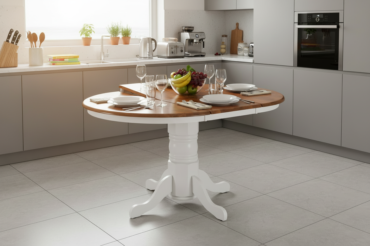 Solid Rubberwood Extendable Pedestal Dining Table