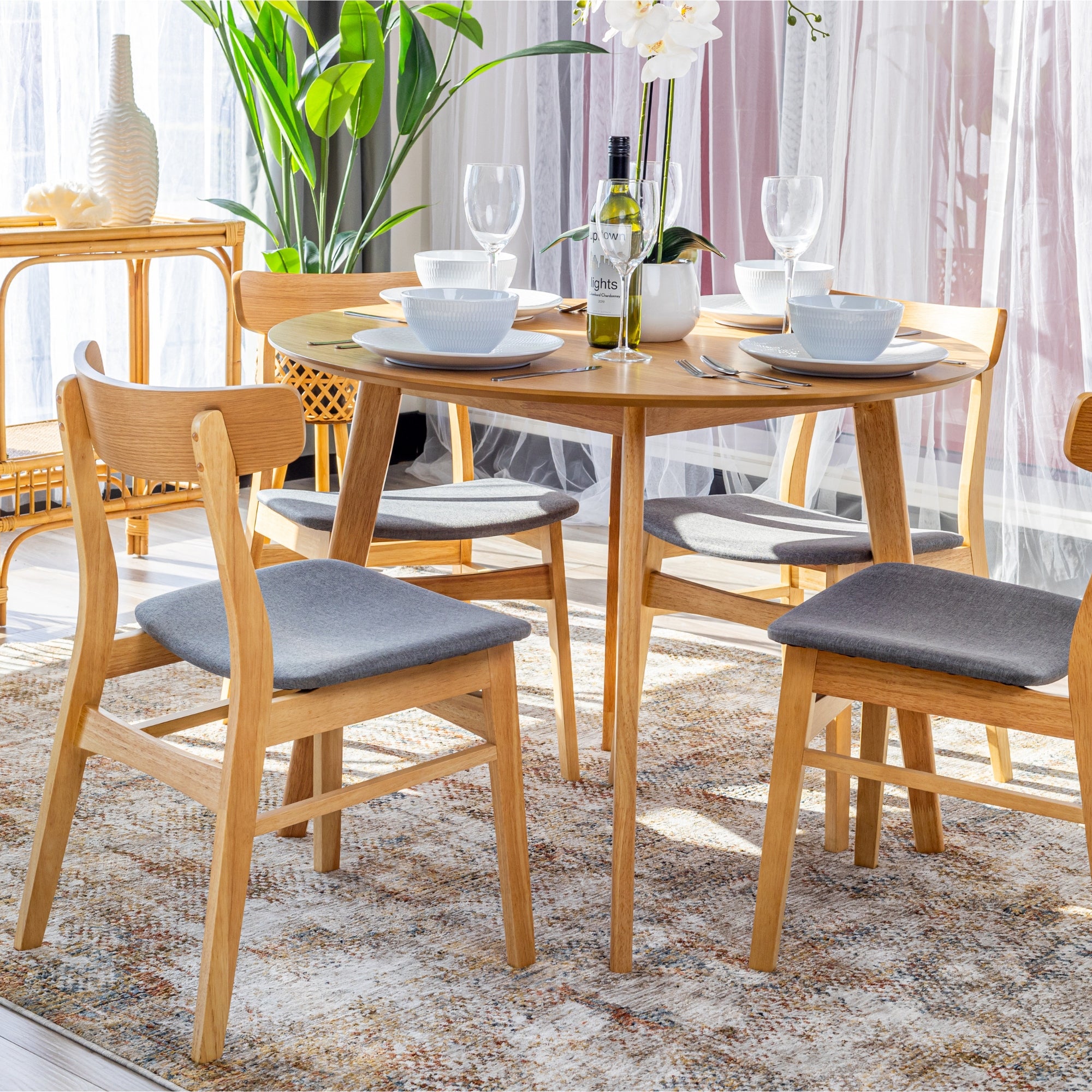 5-Piece Scandinavian Dining Set with 100cm Round Table and 4 Fabric Seat Chairs