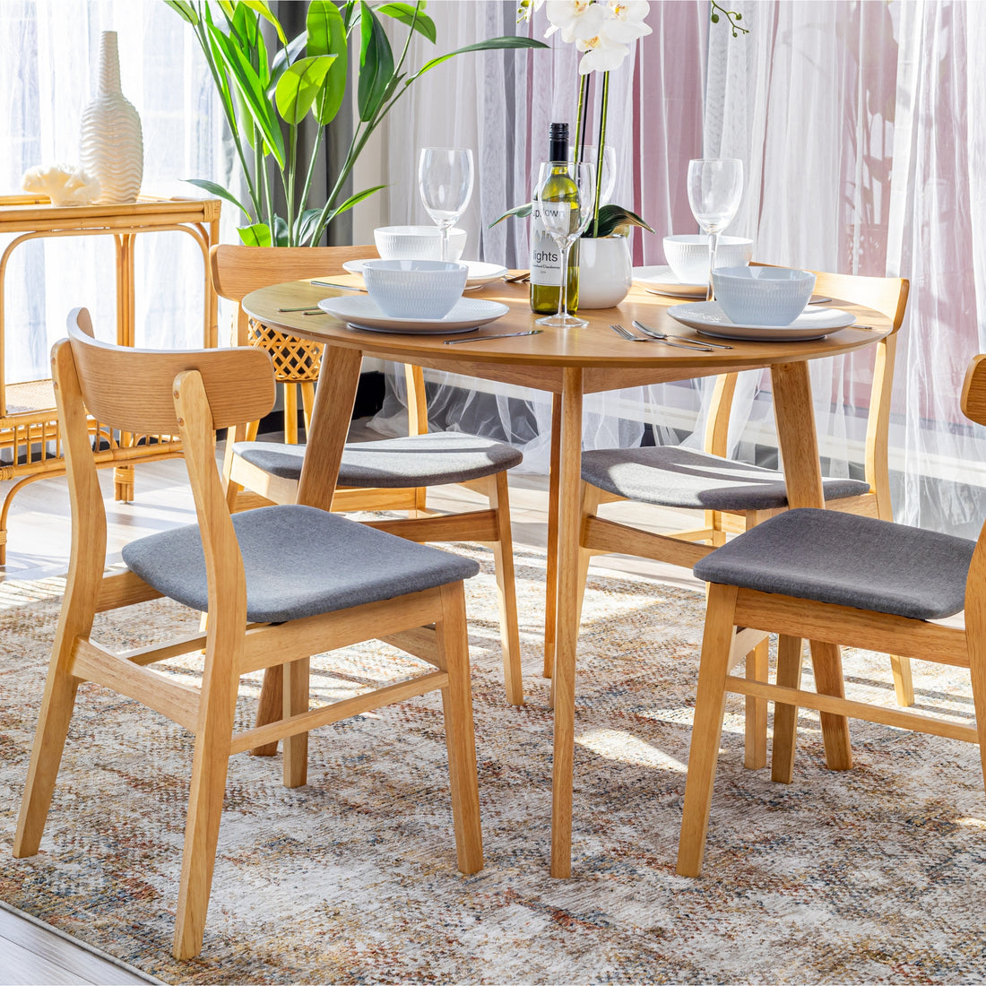 5-Piece Scandinavian Dining Set with 100cm Round Table and 4 Fabric Seat Chairs