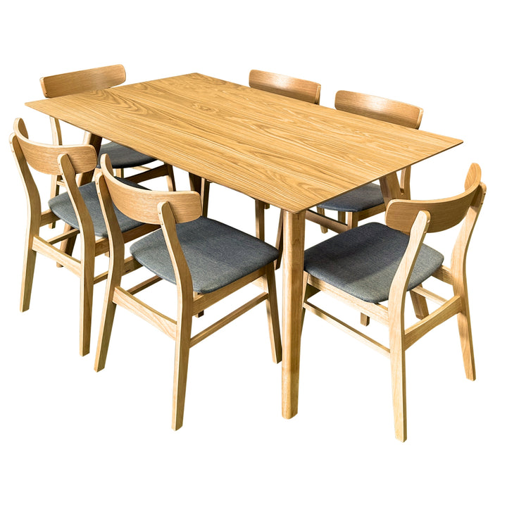 7-Piece Scandinavian Dining Set with 150cm Table and 6 Fabric Seat Chairs
