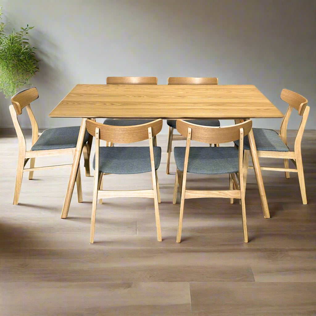 7-Piece Scandinavian Dining Set with 150cm Table and 6 Fabric Seat Chairs