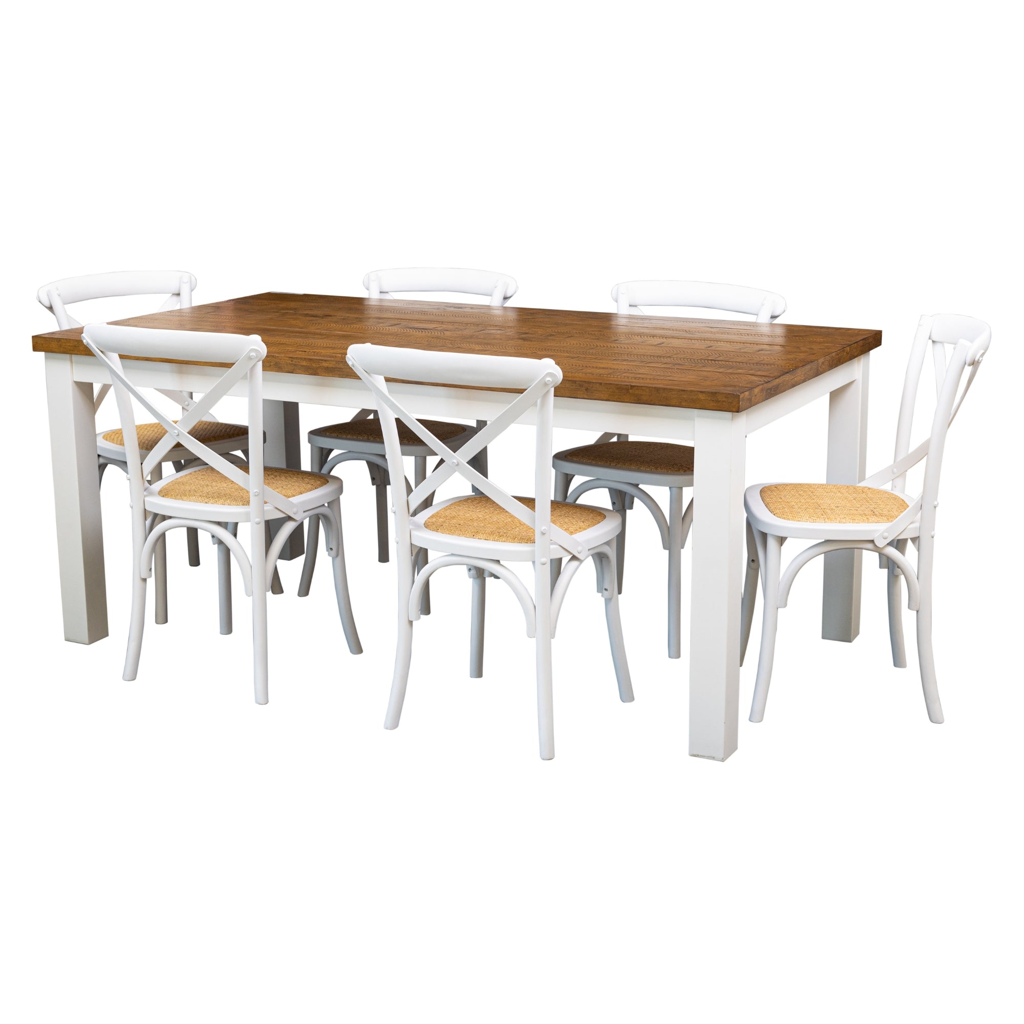 7-Piece Dining Set with 180cm Acacia Wood Table and White X-Back Chairs