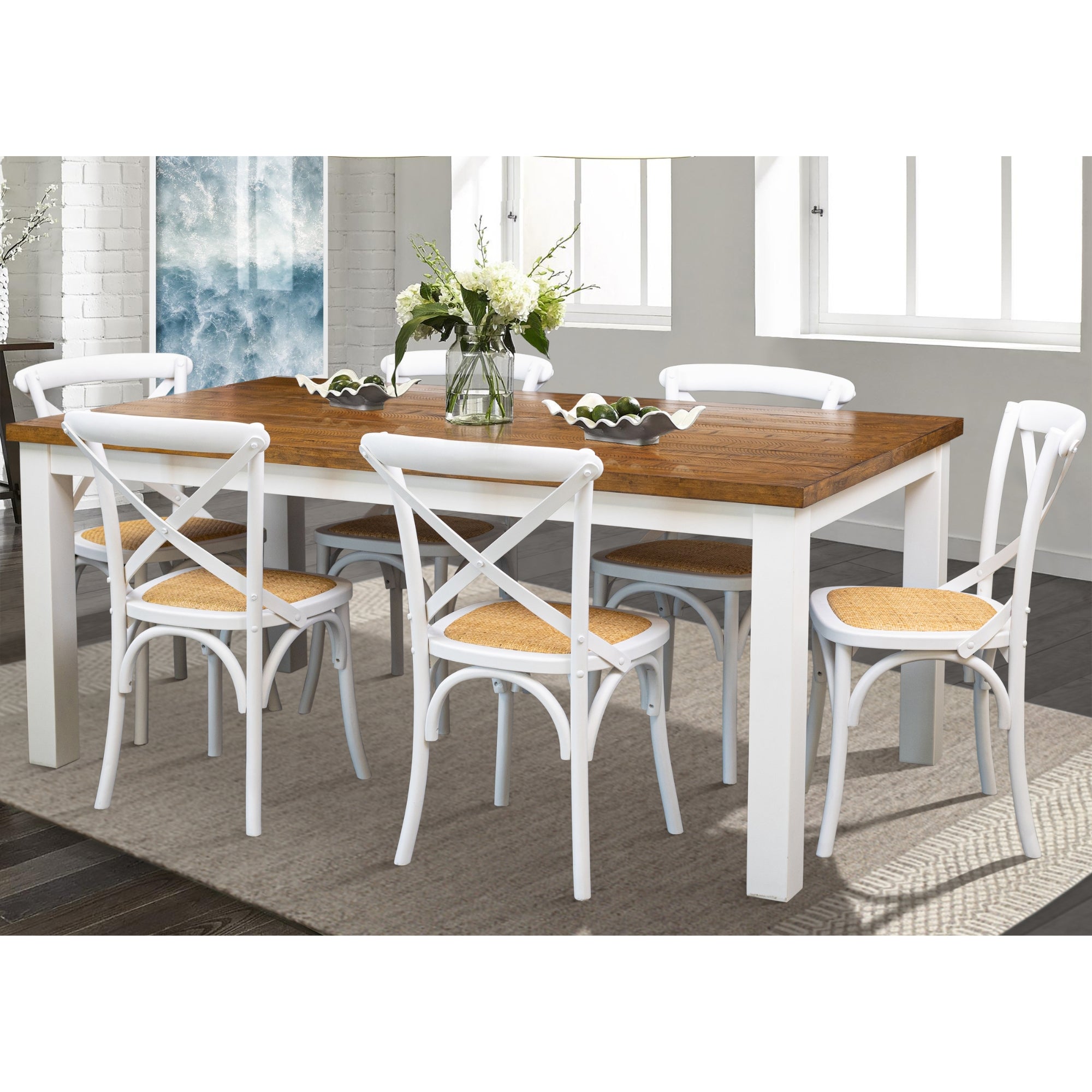 7-Piece Dining Set with 180cm Acacia Wood Table and White X-Back Chairs