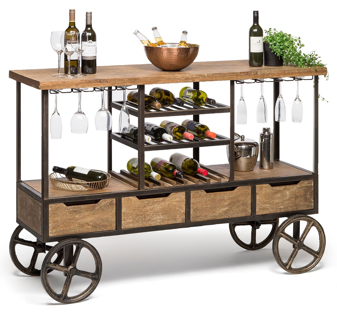 Industrial Style Wooden Bar Cart with Wine Bottle Rack