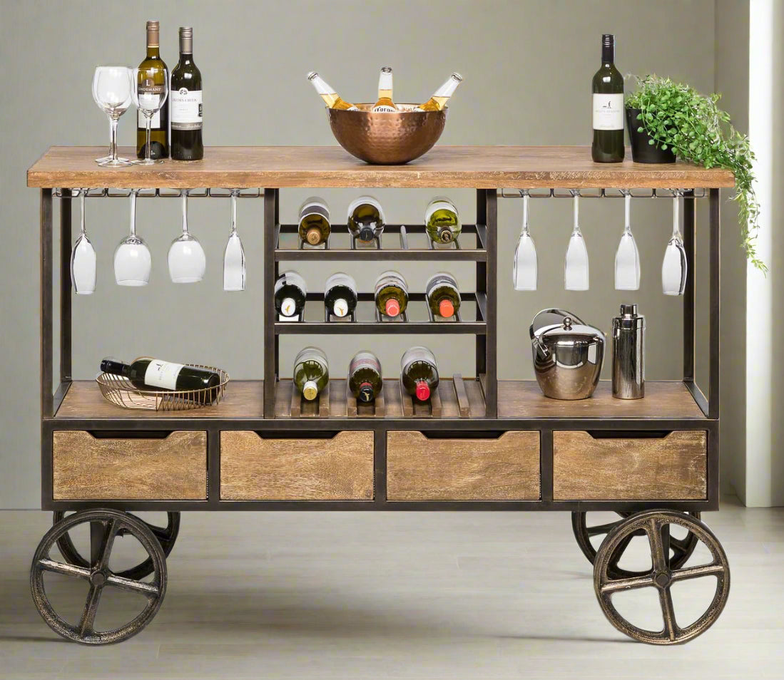 Industrial Style Wooden Bar Cart with Wine Bottle Rack