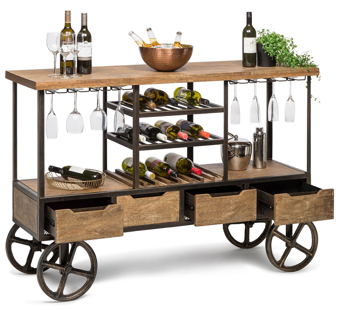 Industrial Style Wooden Bar Cart with Wine Bottle Rack