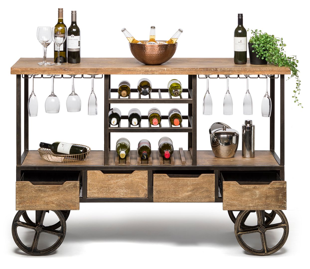 Industrial Style Wooden Bar Cart with Wine Bottle Rack