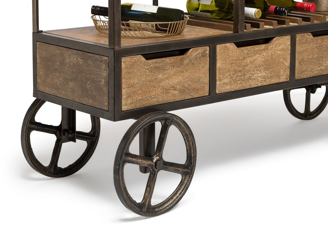 Industrial Style Wooden Bar Cart with Wine Bottle Rack